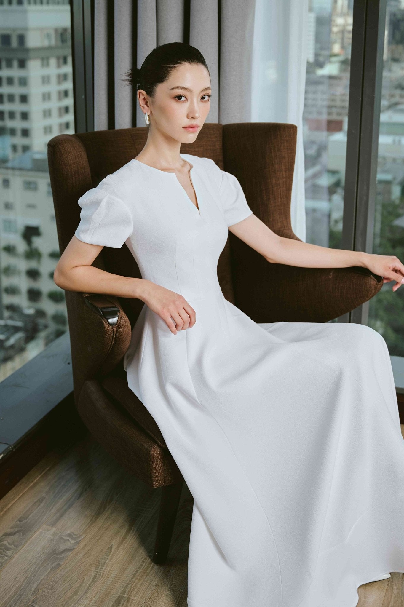 Veneta A - line Short Sleeved Polycotton Ankle Length Dress - LARMES