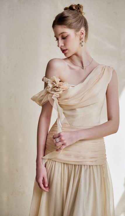 Venus Gathered Asymmetric Neck Silk Chiffon Floor Length Dress - LARMES