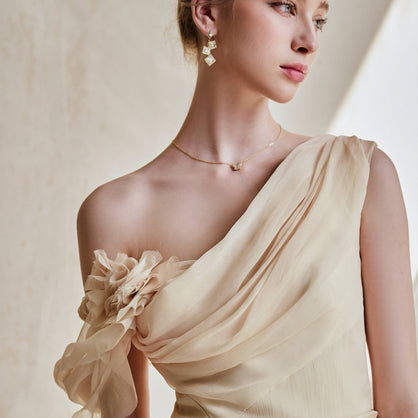 Venus Gathered Asymmetric Neck Silk Chiffon Floor Length Dress - LARMES