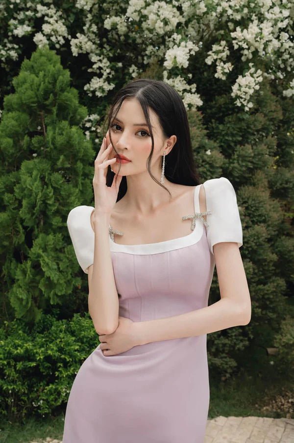 Violet Mermaid Open Shoulder Taffeta Midi Dress - LARMES